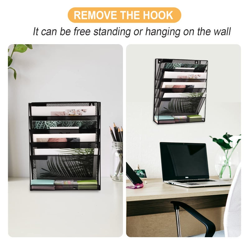EASEPRES Desk File Organizer Mesh 6-Tier with Hangers, Hanging Wall Mount Document Organization Stand, Desktop Vertical Mail Paper Folder Holder with Bottom Tray for Office Home Cubicle, Black - Image 4
